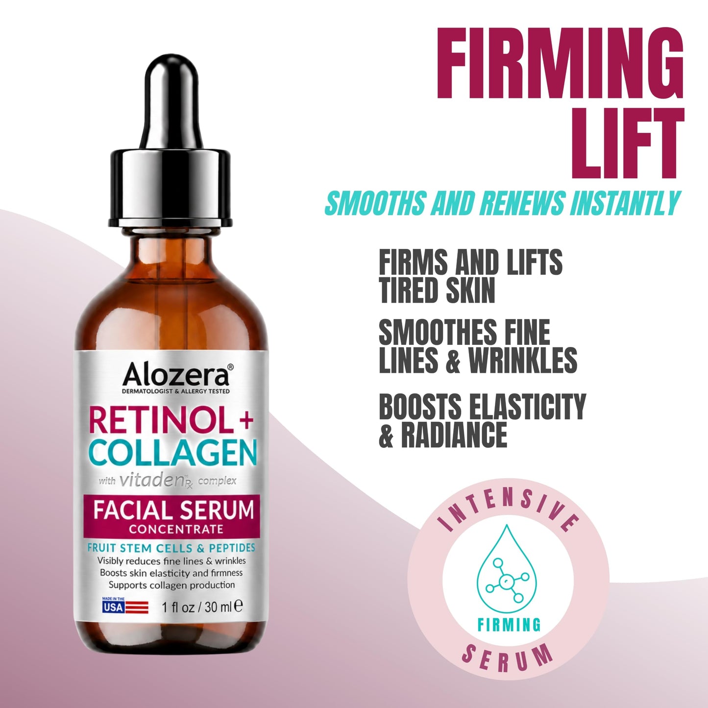 ALOZERA Retinol Collagen Serum for Face & Neck, Anti Aging Serum for Women with Peptides, Hyaluronic Acid, Ceramides & Stem Cells, Firming Face Serum for Wrinkles & Fine Lines, Day & Night