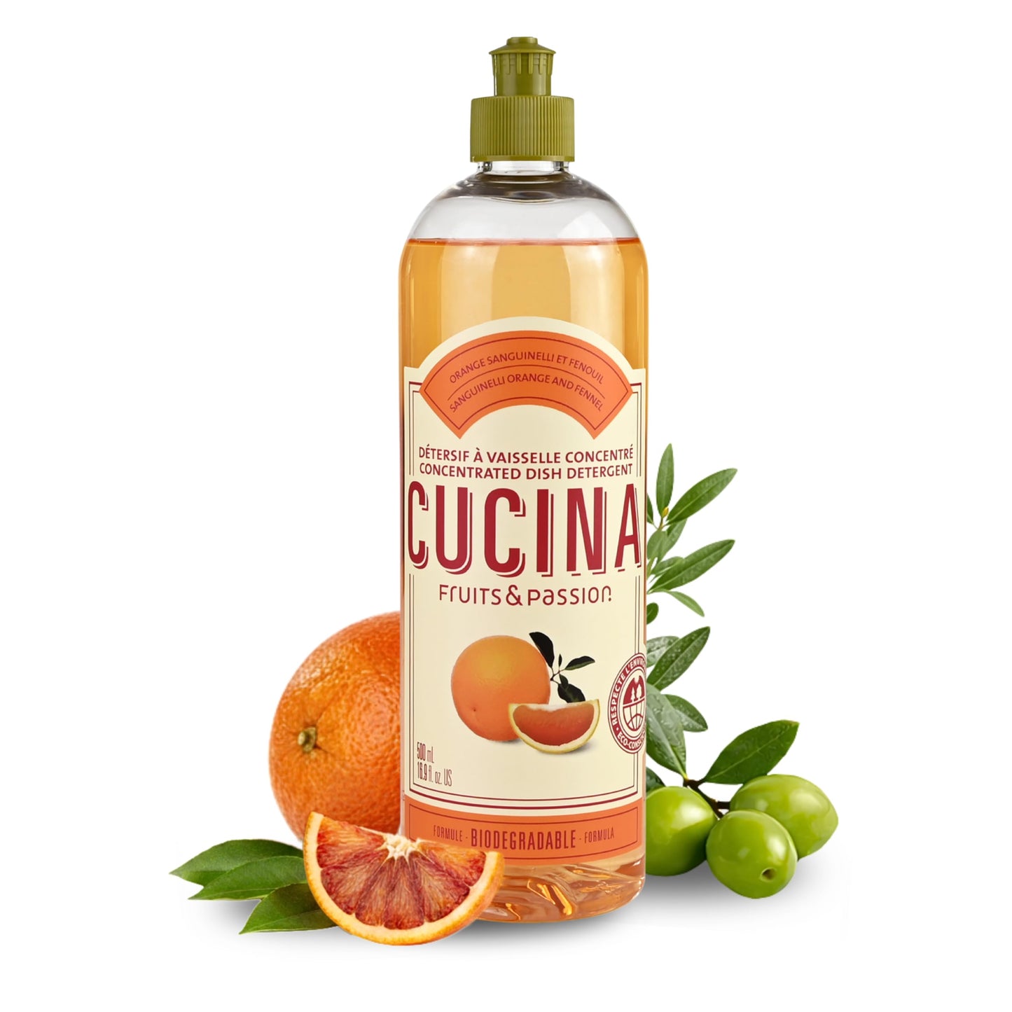 Fruits & Passion Cucina Concentrated Dish Soap, Sanguinelli Orange & Fennel, Gentle Liquid Dishwashing Detergent with Olive Oil, Plant-Based Formula, Refillable Recyclable Bottle, 16.9 fl oz