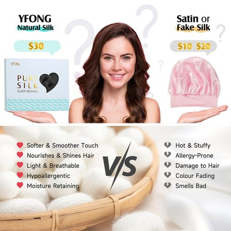 YFONG 100% 22 Momme Mulberry Silk Bonnet for Sleeping Women - Larger Double Layer Silk Hair Wrap – Non-Slip Silk Turban - Hair Silk Bonnet for Sleeping Women - Silk Cap for Sleeping, Black