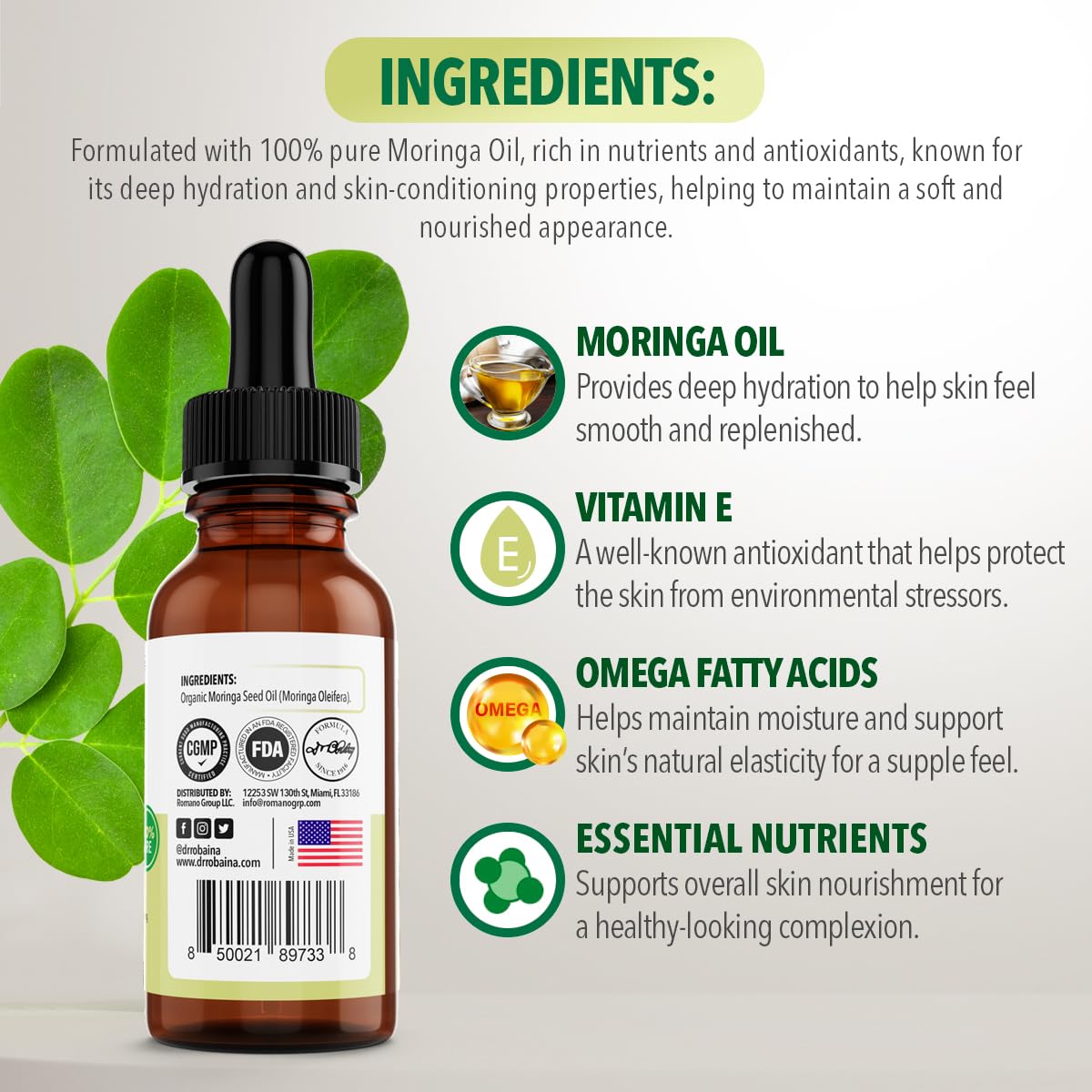 Dr. Robaina 100% Pure Organic Moringa Seed Oil – Cold-Pressed, Unrefined & Hexane-Free Face, Hair & Nail Moisturizer – Fast-Absorbing Non-Greasy Hydration – 2 fl oz Dropper Bottle – Made in USA
