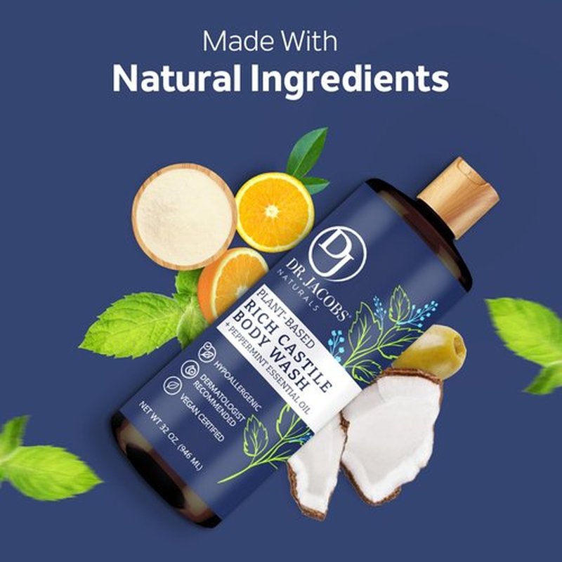 DR. JACOBS NATURALS Castile Peppermint All-Natural Body Wash for Moisturizing Dry and Sensitive Skin Shampoo with Plant-Based Ingredients Gluten, Preservatives-Free Formula - 32 oz, Pack of 2