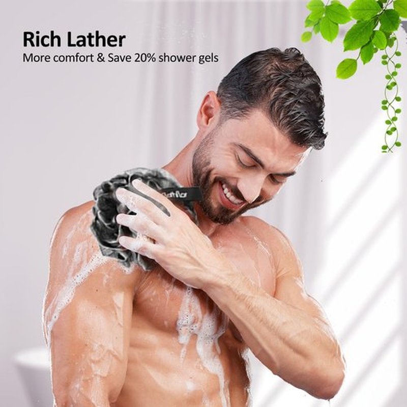 Bathflor Loofah Sponge Exfoliating Body Scrubber: 4PCS Extra Large 80g Shower Loofah Poufs, 1PCS Long Handle Loofa Back Scrubber, 1PCS Luffa Hook, Charcoal Loofah Pack for Women Men Bath Wash, Black