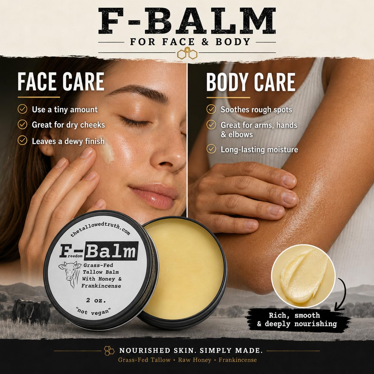 Tallowed Truth Original Tallow Balm - Grass-Fed Beef Tallow for Skin & Face - 5 Ingredient Moisturizer - 2 oz - Tallow Face Cream Made in Canada - Organic Balm for Face & Body Care