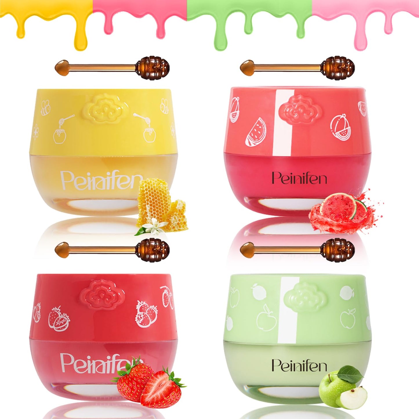 New 4 PCS Bee Lip Balm Lip Mask Honey Pot,Propolis Sleeping Lip Mask Overnight Moisturizing Lip Balm with Stick,Hydrating Prevention Dry and Cracked,Reduce Lip Lines,Fruit Lip Scrubs Exfoliator.