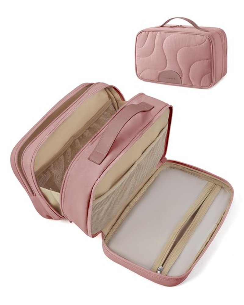 BAGSMART Toiletry Bag for Women, Wide-open Makeup Bag Organizer for Travel Essentials Travel-size, Water-resistant Large Capacity Cosmetic Bag for Accessories, Shampoo, Toiletries with Handle, Pink