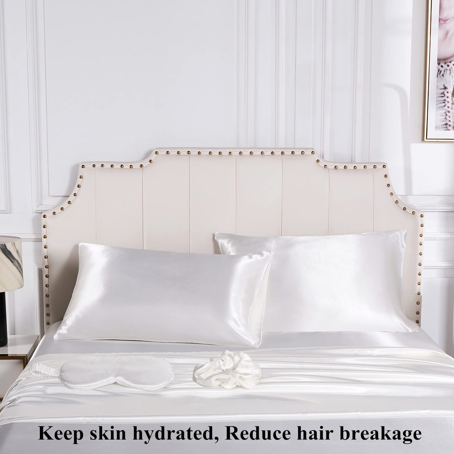 URLINENS Satin Pillowcase for Hair and Skin, Vegan Silk Pillowcase Set-2 Ivory Satin Pillowcases Queen Size, 1 Eye Mask, 1 Scrunchie-Luxury Sleep Set, White Pillow Cases with Envelope Closure