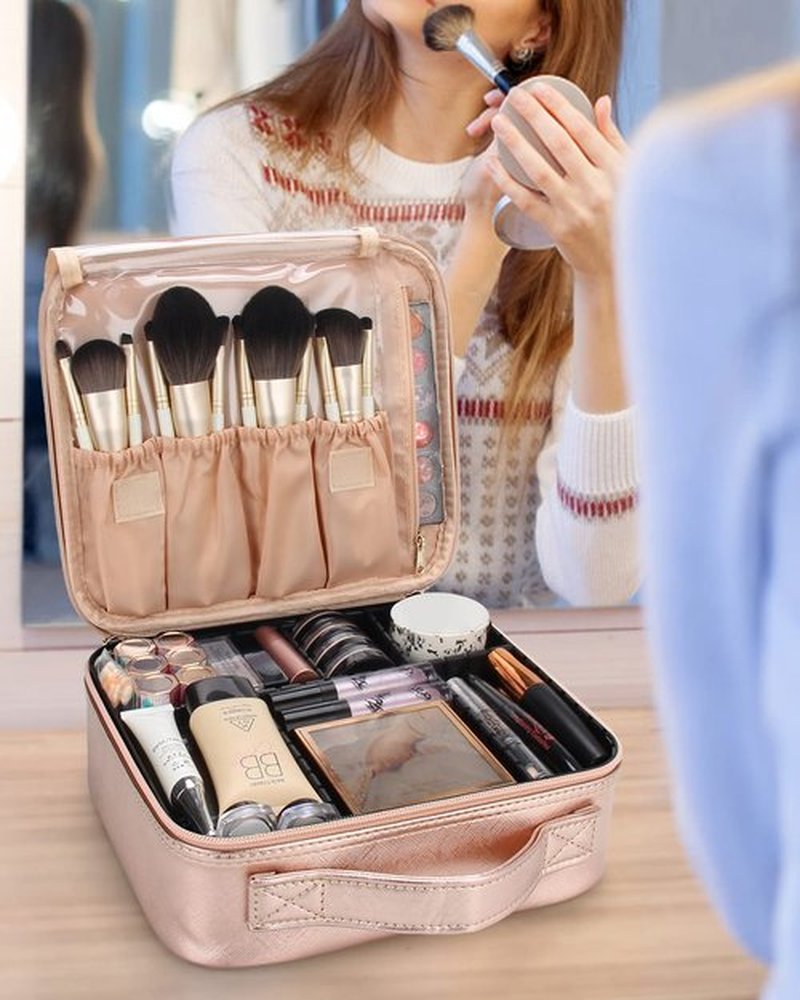 Relavel Travel Makeup Train Case Makeup Cosmetic Case Organizer Portable Artist Storage Bag with Adjustable Dividers for Cosmetics Makeup Brushes Toiletry Jewelry Digital (Rose Gold)