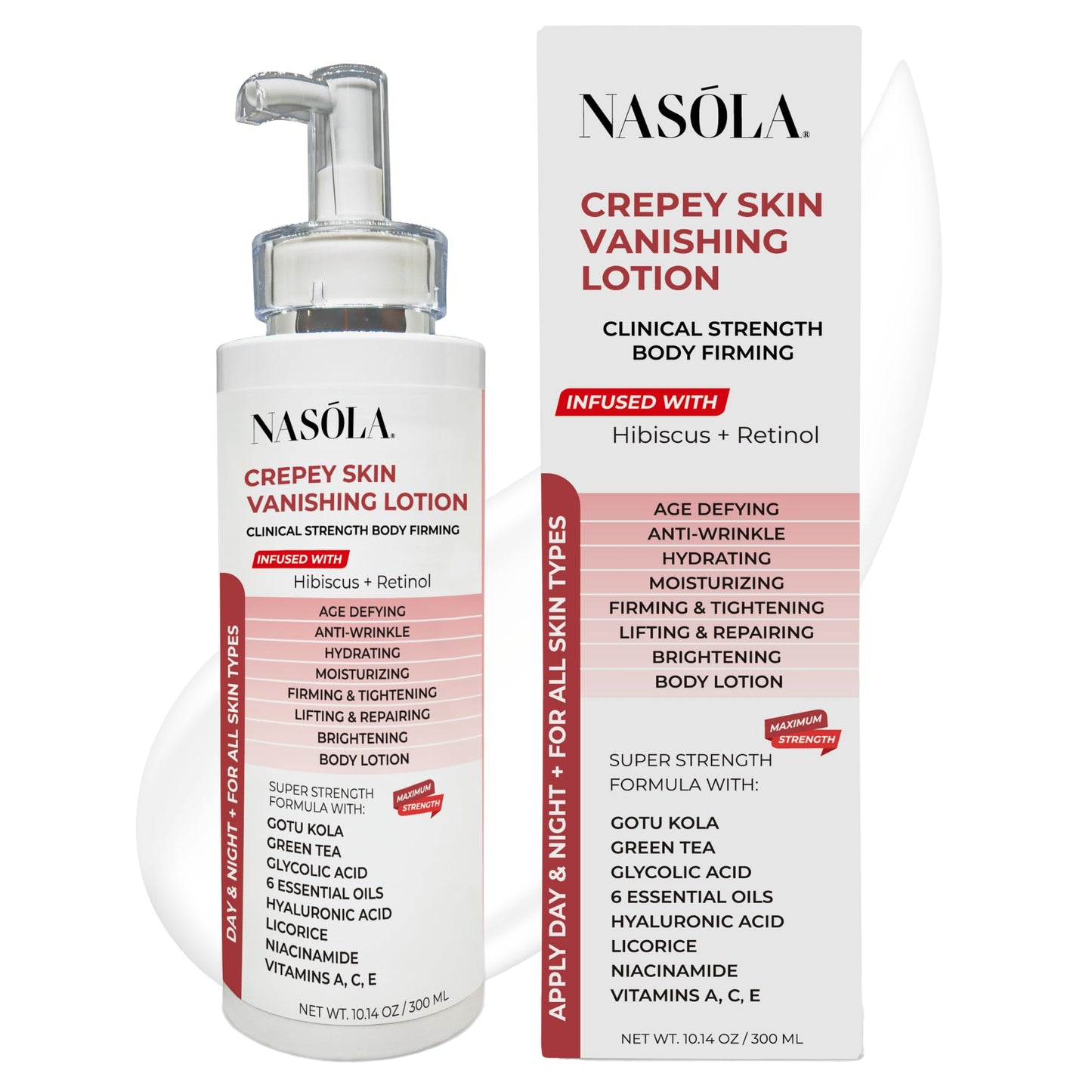 Nasola Crepe Erase Advanced Body Repair Treatment Lotion with Retinol and Hibiscus, Hyaluronic Acid, Vitamin C, E, A, Niacinamide Skin Tightening & Lifting Cream Moisturizer for Dry Aging Skin 10.14Oz