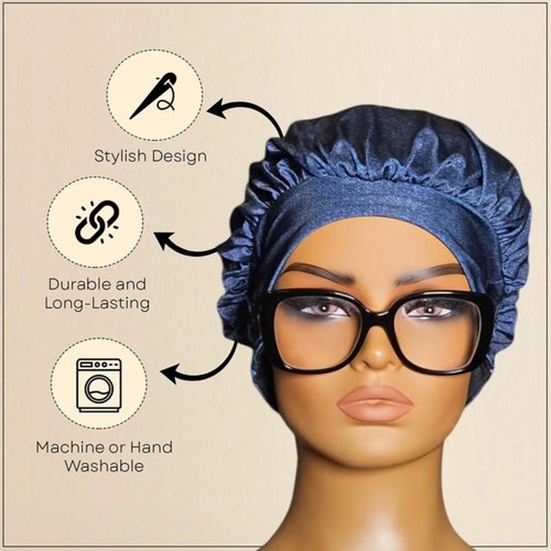 EARTWOEAR Bonnet, Hair Bonnet for Sleeping, Women Sleep Cap Hair Bonnet, Polyester/Lycra Blend Sleep Bonnet, Full Bonnet with Ear Slots (Denim)