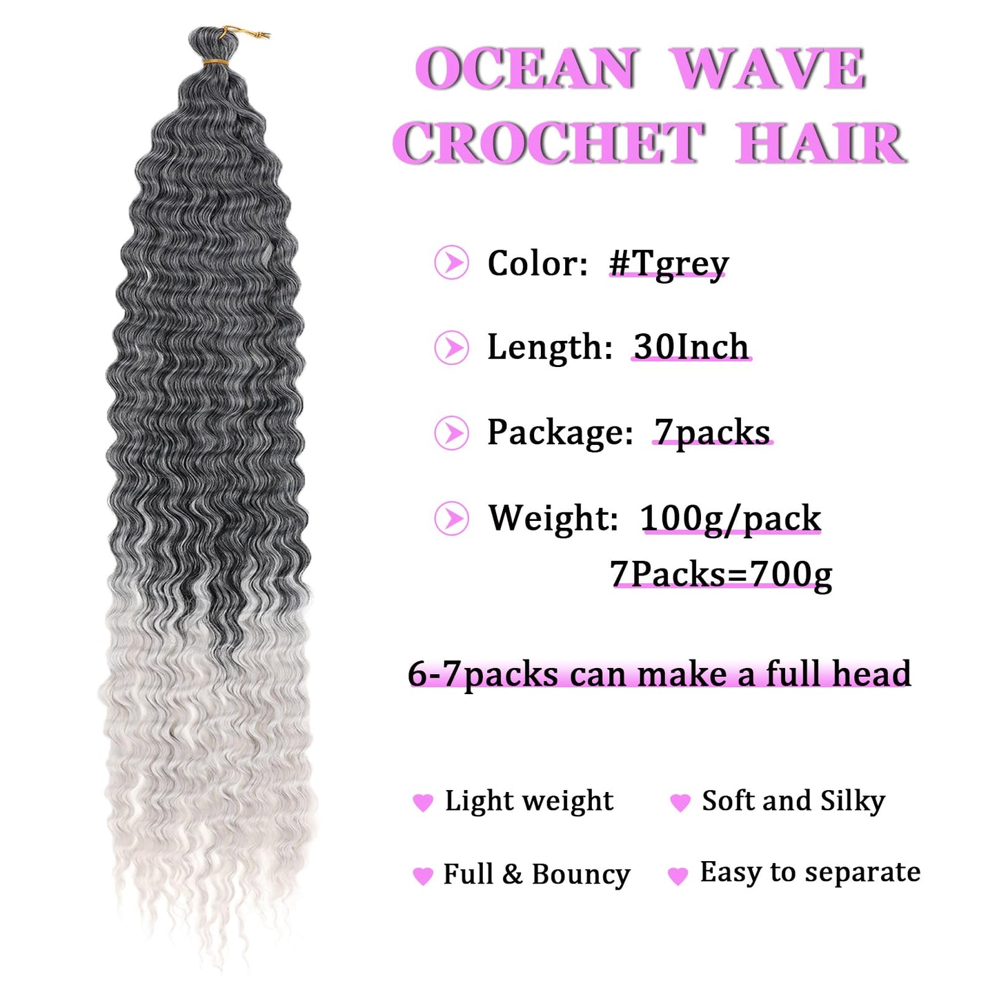 ZRQ Soft Ocean Wave Crochet Hair 30 inch 7Packs Omber Black Grey Deep Twist Wave Crochet Hair Synthetic Curly Crochet Hair Wavy Crochet Hair Extensions #T1B/Grey