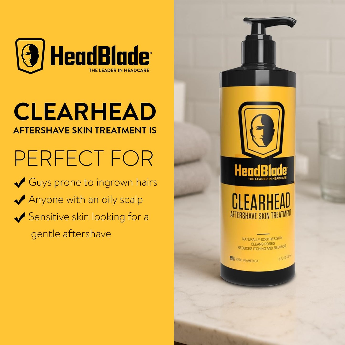 HeadBlade ClearHead Men's Refreshing Post Shaving Aftershave Lotion Help prevent Ingrown Hair & Irritation - 8 oz with Pump