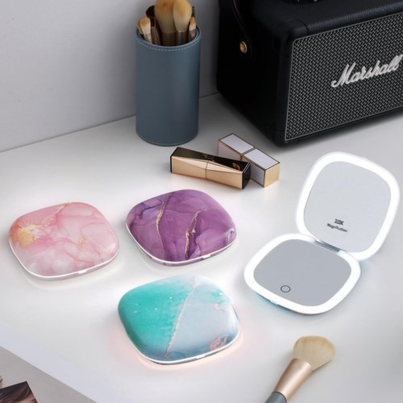 Mocado Compact LED Travel Makeup Mirror - 4 Inches 1X/10X Magnification Travel Mirror with Light Dimmable Double Sides Lighted USB Rechargeable Compact Mirror for Purse,Pocket,Travel(Blue Marble)