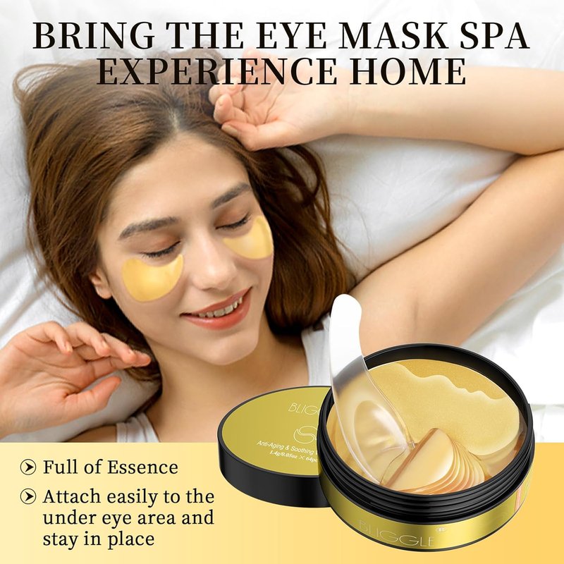24K Gold Eye Mask - Under Eye Patches with Hyaluronic Acid | 64 Pcs for Dark Circles, Puffiness & Wrinkle Reduction