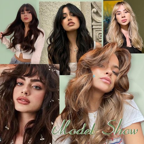 REBECCA STYLE Long Brown Wig with Bangs 24 Inch Long Wavy Wigs with Bangs for Women Synthetic Curly Wigs Hair Replacement Wigs for Girls Daily Party Use Natural Looking (Brown)
