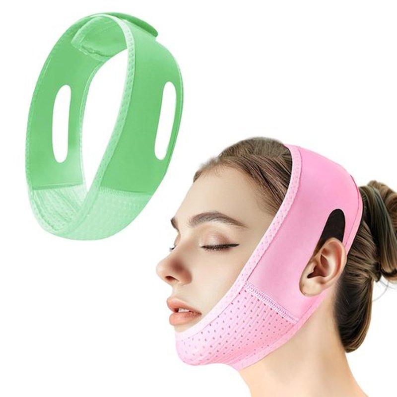 Beiskll Reusable V Line Lifting Mask with Chin Strap, V Shaped Face Mask for Sagging, Jaw Exerciser (Pink and Green)
