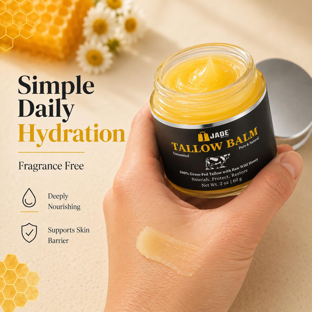 Unscented Tallow Balm for Dry & Sensitive Skin – Grass Fed Beef Tallow, Raw Wild Honey, Shea Butter & Olive Oil – Deep Moisture Face & Body Balm – Fragrance Free – Supports Skin Barrier – 2 oz
