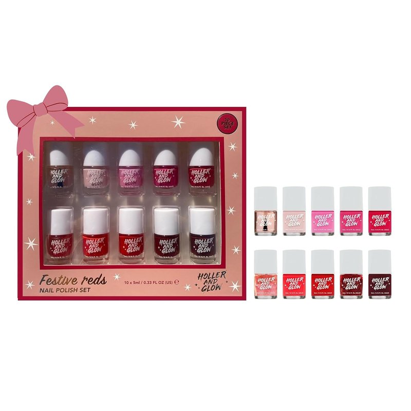 Festive Reds Mini Nail Polish Gift Set - 2-in-1 Base & Top Coat, Long Wear Quick Dry | 10 Piece Kit for Teen Girls & Women