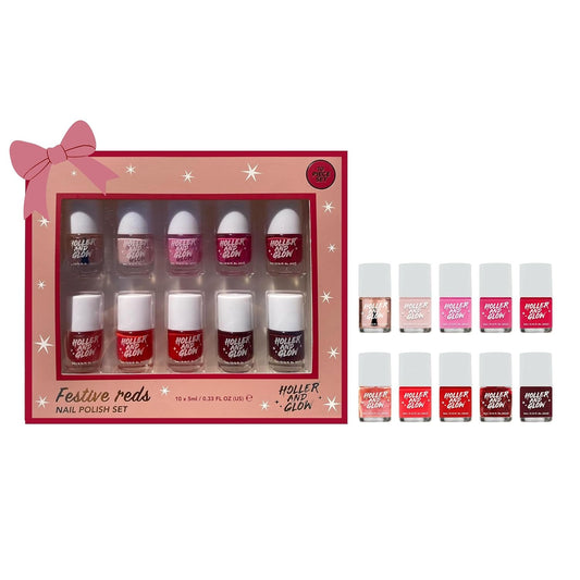Festive Reds Mini Nail Polish Gift Set - 2-in-1 Base & Top Coat, Long Wear Quick Dry | 10 Piece Kit for Teen Girls & Women