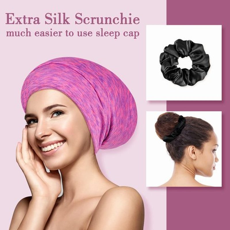 LULUSILK Mulberry Silk Bonnet for Sleeping Women, Real Silk Sleep Cap for Curly Hair and Braids, Pure Silk Head Wrap with Scrunchies, Hot Pink