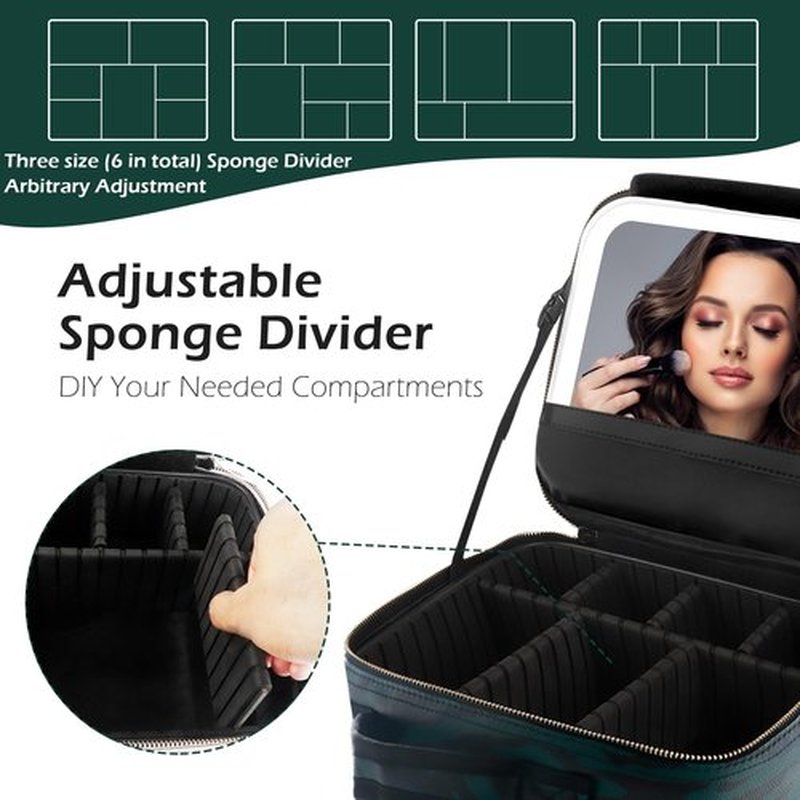 MOMIRA Makeup Train Case Makeup Bag with Light up Mirror Cosmetic Bag Organizer Detachable Portable Travel Makeup Case with Adjustable Dividers Makeup Brushes Storage, Waterproof,Zebra-Green