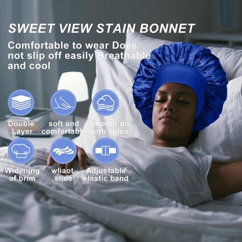4PCS Silk Bonnet for Sleeping - Hair Satin Bonnets for Black Women Men,Hair Wrap Cap for Curly Hair,Elastic Wide Band Hair Bonnet Shower Cap for Sleeping (Black & Sapphire Blue & Green & Purple)
