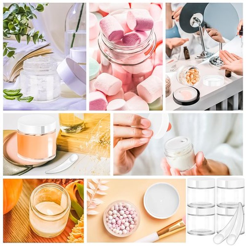 MotBach 4 Pack 2oz Glass Jars with Lids,Small Glass Jars with Lids and Inner Liners,60ml Empty Glass Jars Travel Toiletries Cosmetic Containers with Spatulas for Slime Sample Lip Balm Cream Lotion