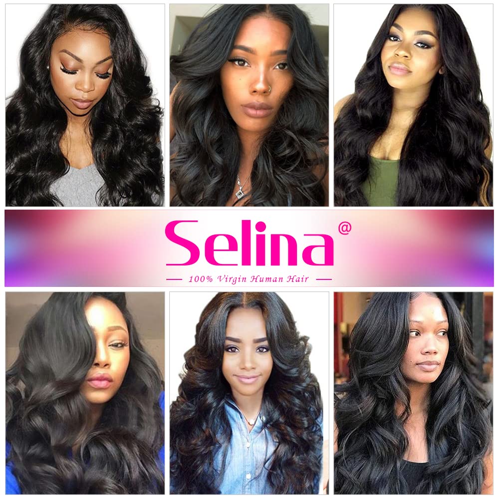 Selina Brazilian Body Wave Hair 3 Bundles With Free Part Closure Brazilian Virgin Human Hair 12A 100% Unprocessed Brazilian Hair Lace Closure Natural Black (10"12"14" with 8" Closure, Body 3+1)