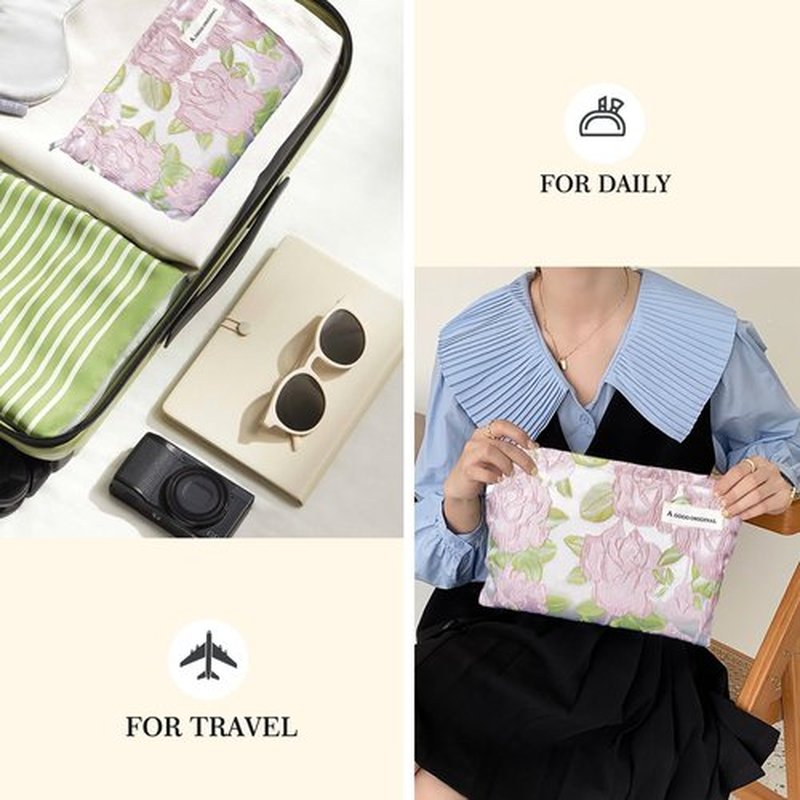 STARDW Aesthetic Makeup Bag for Women Travel Toiletry Bag Large Capacity Makeup Organizer Bag Floral Cosmetic Bags Zipper Pouch (Embossed Rose)