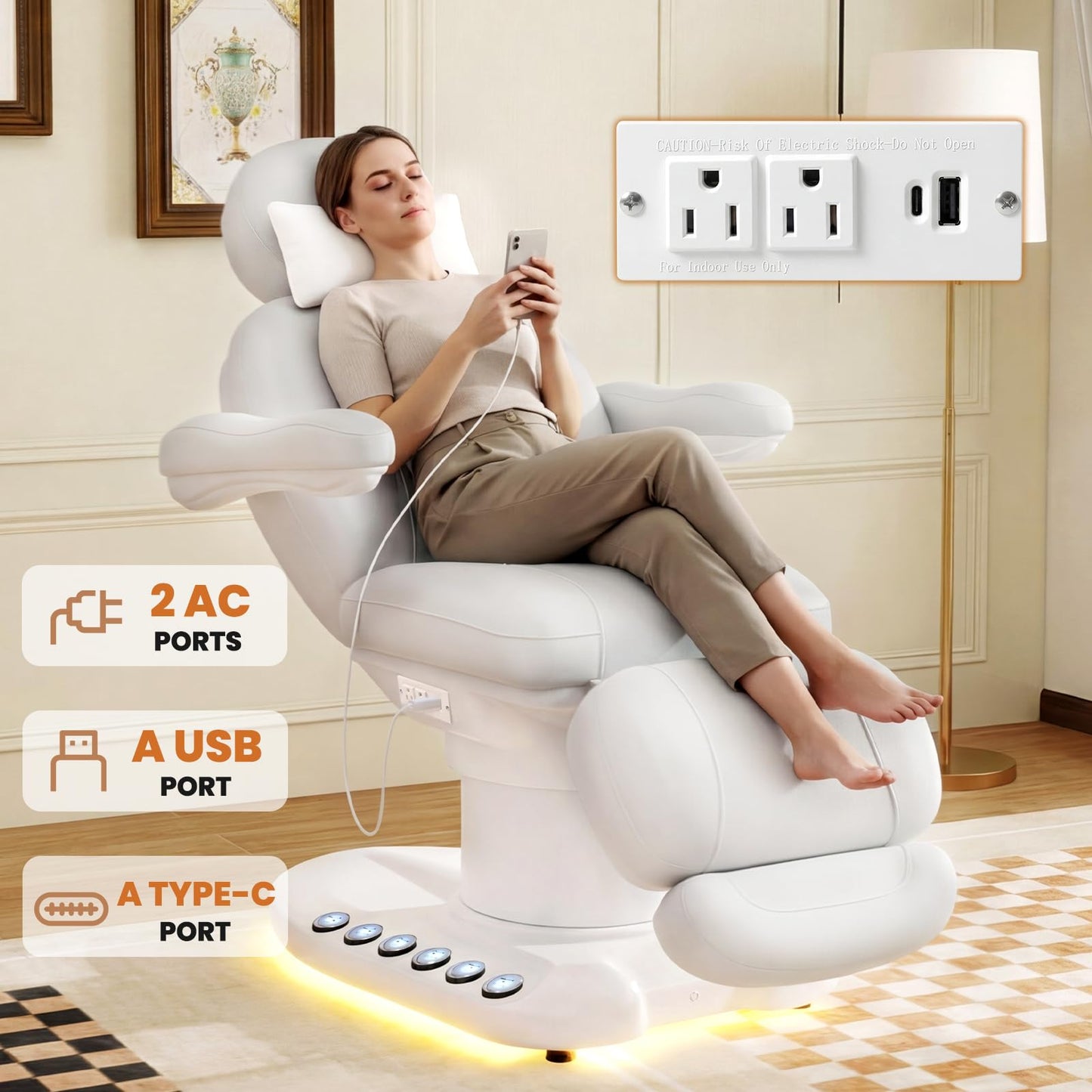 Oakvera Fully Electric Massage Table with 3 Motors, Professional Esthetician Bed with LED Light, Height, Length & Angle Adjustable Beauty Spa Bed for Facial & Medical, Stool Included, White