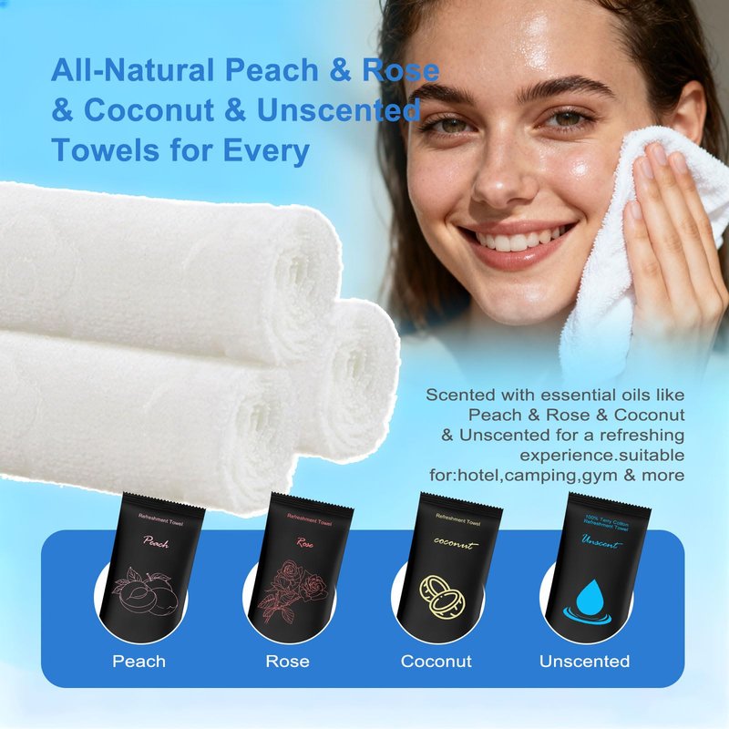 Moist Cotton Towel Bulk Moist Towelettes Individually Wrapped 8.7"x 8.7",White Towel Services,Refreshment Pre Moistened Towels Peach,Rose,Coconut and Unscented for Sport Party Spa(pack of 400)