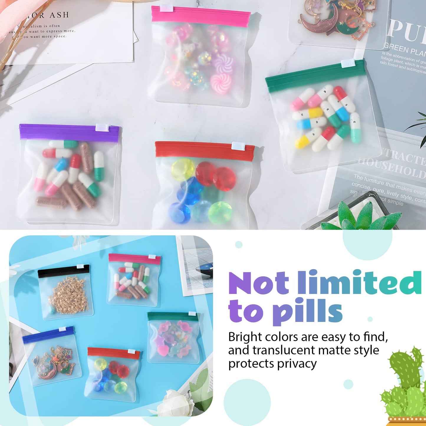 Sherr 35 Pcs Pill Pouch Bags with Zipper Pill Pouch Set Travel Reusable Translucent Medicine Organizer Self Sealing Plastic Bag with Slide Lock for Storage(Classic Colors,3 x 3 Inch,Blank Style)