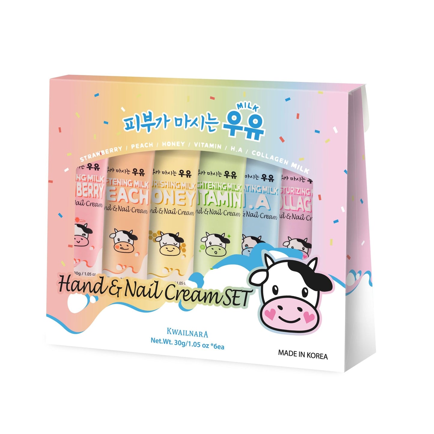 KWAILNARA Milk Hand & Nail Cream Gift Set (Set of 6) – Korean Hand Cream Variety Pack | Strawberry, Peach, Honey, Vitamin, Hyaluronic & Collagen | Deeply Nourishing K-Beauty Gift