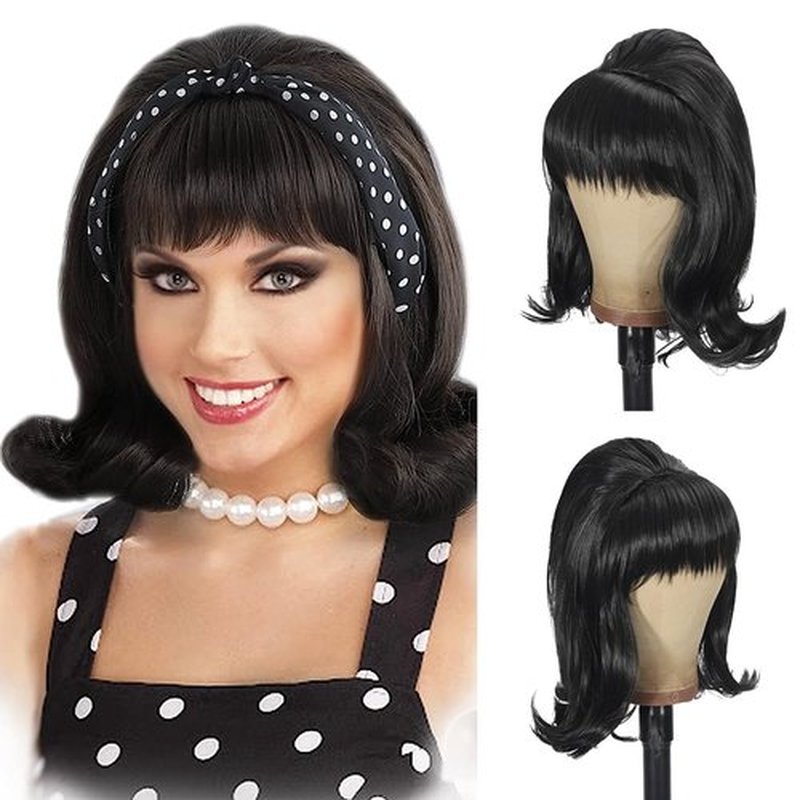 Sabosi Womens Flip Wig 70s Pinup Pelucas 60s Retro Black Beehive Wig Vintage Wig with Bangs for Women Synthetic Hair for Halloween Costume Party