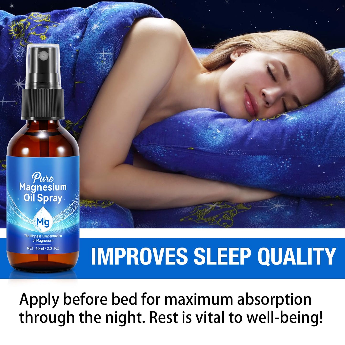 Pure Magnesium Oil Spray, 100% Pure & Natural Magnesium Oil Spray 2.0 fl. oz, Magnesium Oil Spray for Sleep Quality, Skin, Muscle, Men and Women.