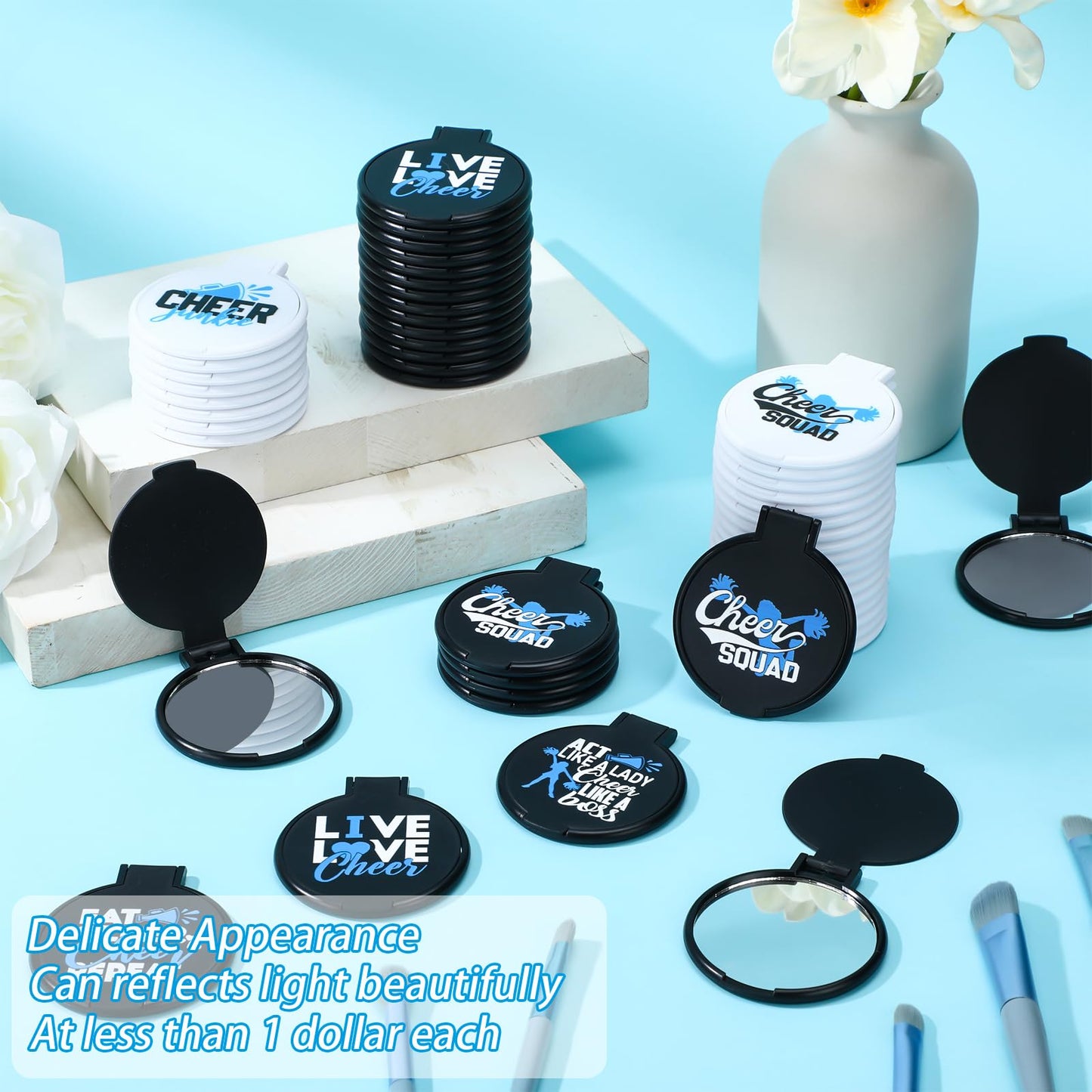 Wenqik 50 Pcs Cheerleader Mirror Gifts Cheerleading Compact Mirror Bulk Folding Pocket Mirror Cheer Party Favors for Team(Blue Cheer)