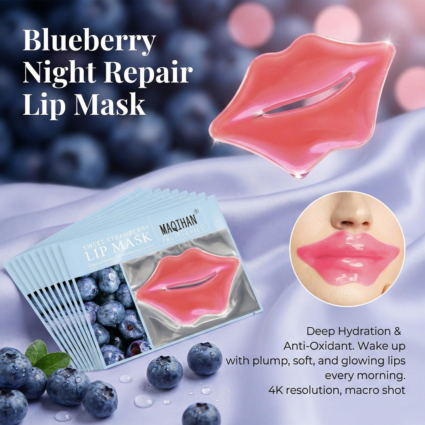 30PCS Moisturizing Lip Mask - Lip Patches for Spa Daily Labial Masks Skincare Hydrating to Reduce Wrinkles Dryness Anti-wrinkle Lightens, Blueberry