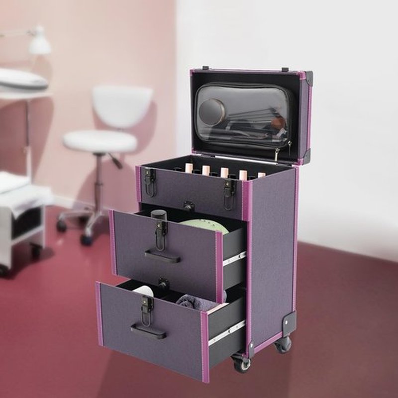 Rolling Makeup Case with Drawers&4 Wheel, Cosmetic Case Trolley, Make Up Suitcase Cosmetic Trolley, Portable Beauty/Nail/Hair Styling Travelling Cart Trunk, Manicure Storage Case (Purple+Black Color)