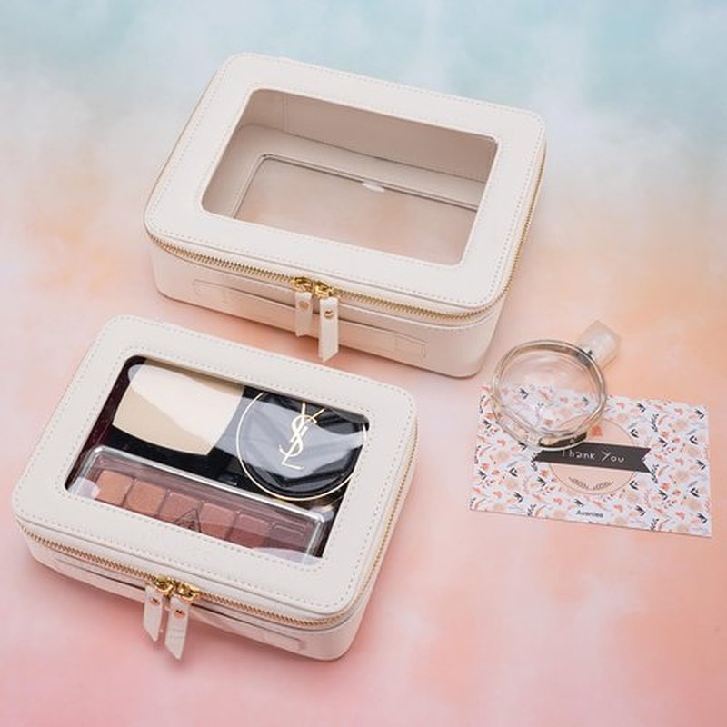 Aveniee Clear Makeup Bag Organizer, Portable Travel Toiletry Cosmetic Case for Women, Vegan Leather Make Up Pouch with Clear Windows & Gold Zippers 2pcs(Middle+Large)- White