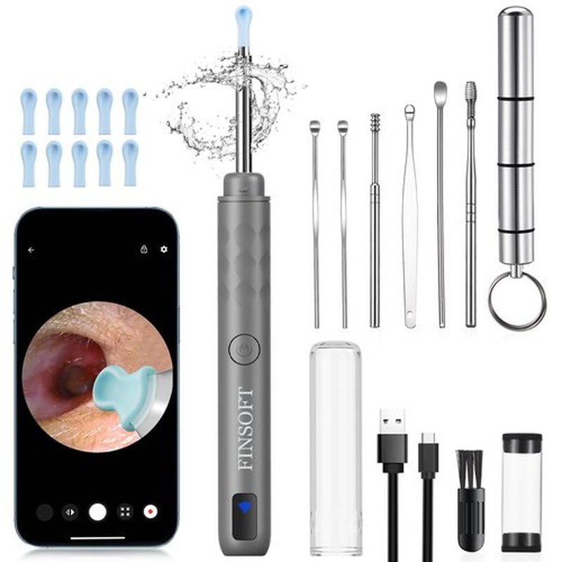 FINSOFT Ear Wax Removal Tool Camera, Ear Cleaner with Camera, Ear Wax Removal Cleaning Kit with 1296P HD Camera and 6 LED Lights, Earwax Removal Kit with 10 Ear Pick for iOS and Android, Grey