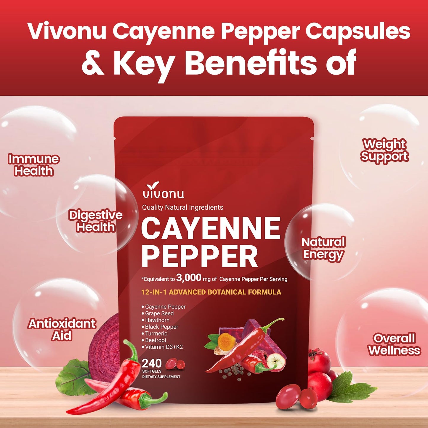 VivoNu Cayenne Pepper Softgels Supplement, Supports Leg Vein, Heart and Blood Vessel Health, with Vitamin E D3+K2 and Extracts of Grape Seed, Hawthorn, Beetroot, Berberine (Softgel / 1 Bag)
