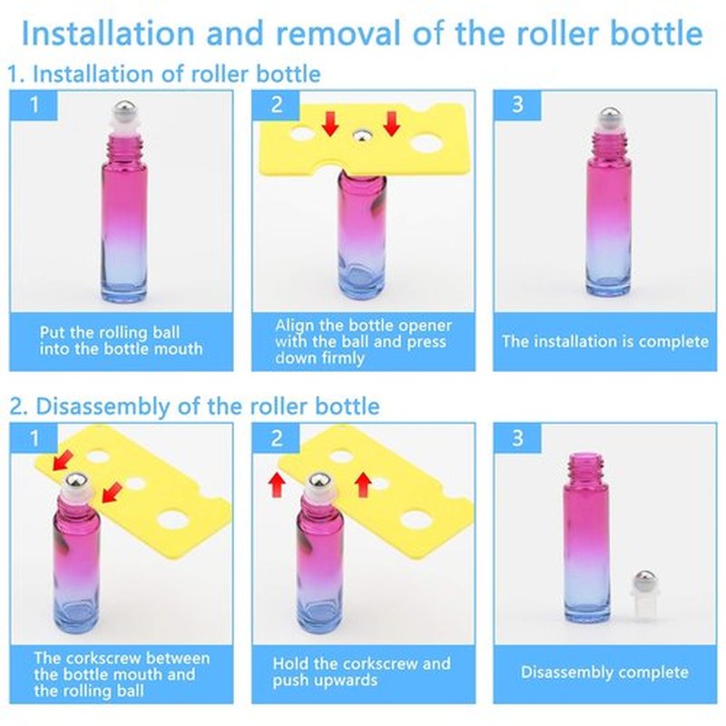 Newzoll 8 Pcs 10 ml (1/3 oz) Glass Roll on Bottles Rose Blue Gradient Roller Bottles Vials Container for Essential Oils Perfume Lip Balms