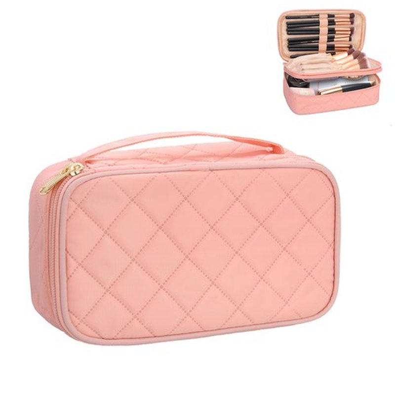 Relavel Small Makeup Bag, Small Travel Makeup Bags for Women, 2-layer Cosmetic Bag Makeup Purse with Brush Holder Compartment, Waterproof Makeup Organizer Storage (Pink)