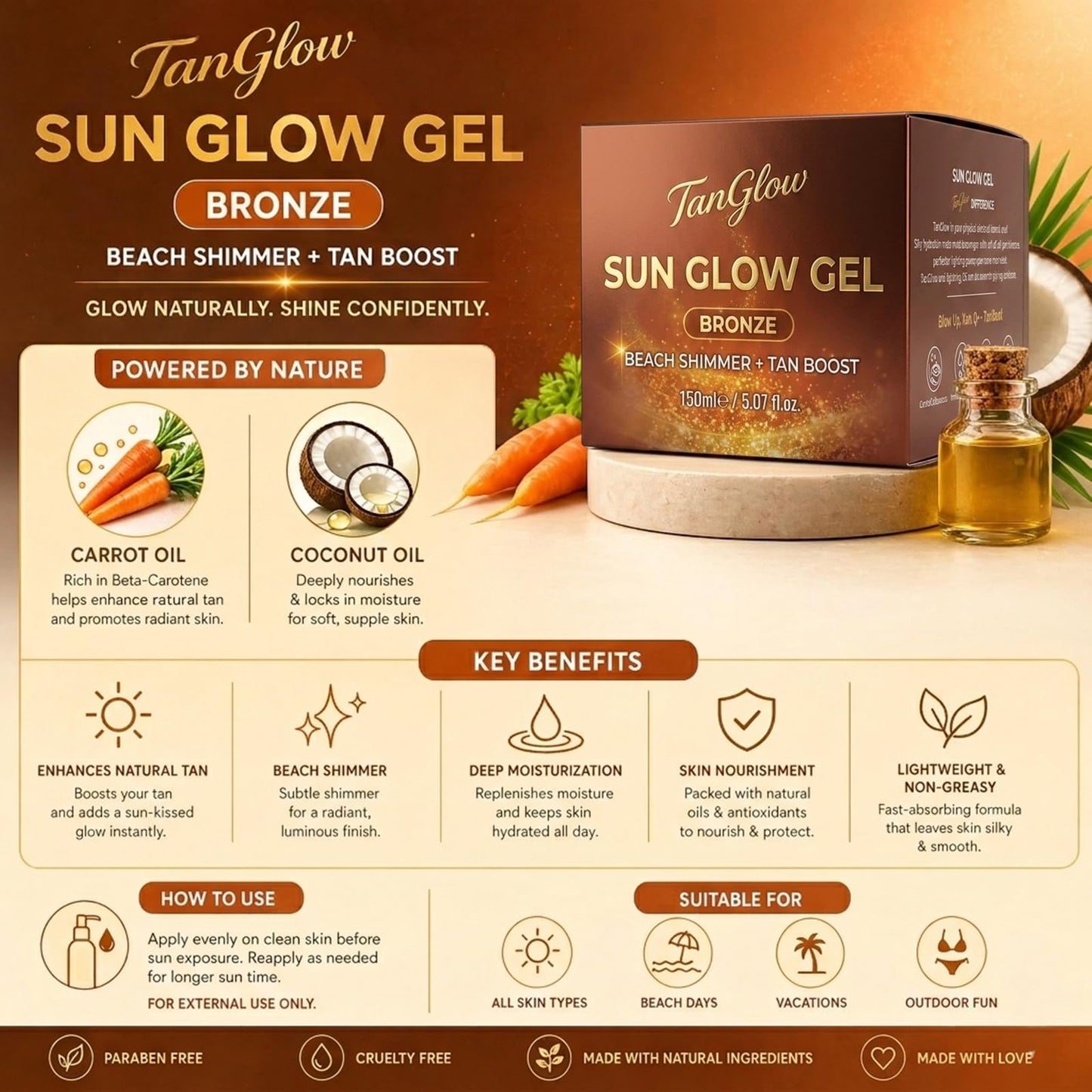 Carotene Bronze Tanning Gel, 150ml / 5.07 fl. oz, Beach Shimmer & Tan Boost with Carrot & Coconut Oil, Instant Glow Hydrating Formula for All Skin Types