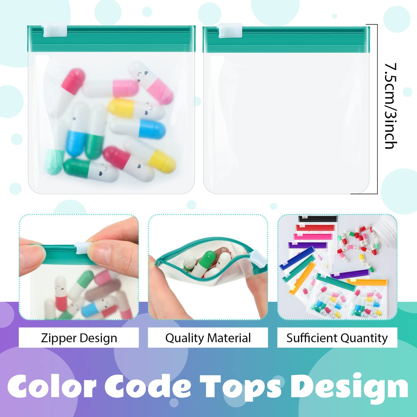 Sherr 35 Pcs Pill Pouch Bags with Zipper Pill Pouch Set Travel Reusable Translucent Medicine Organizer Self Sealing Plastic Bag with Slide Lock for Storage(Classic Colors,3 x 3 Inch,Blank Style)