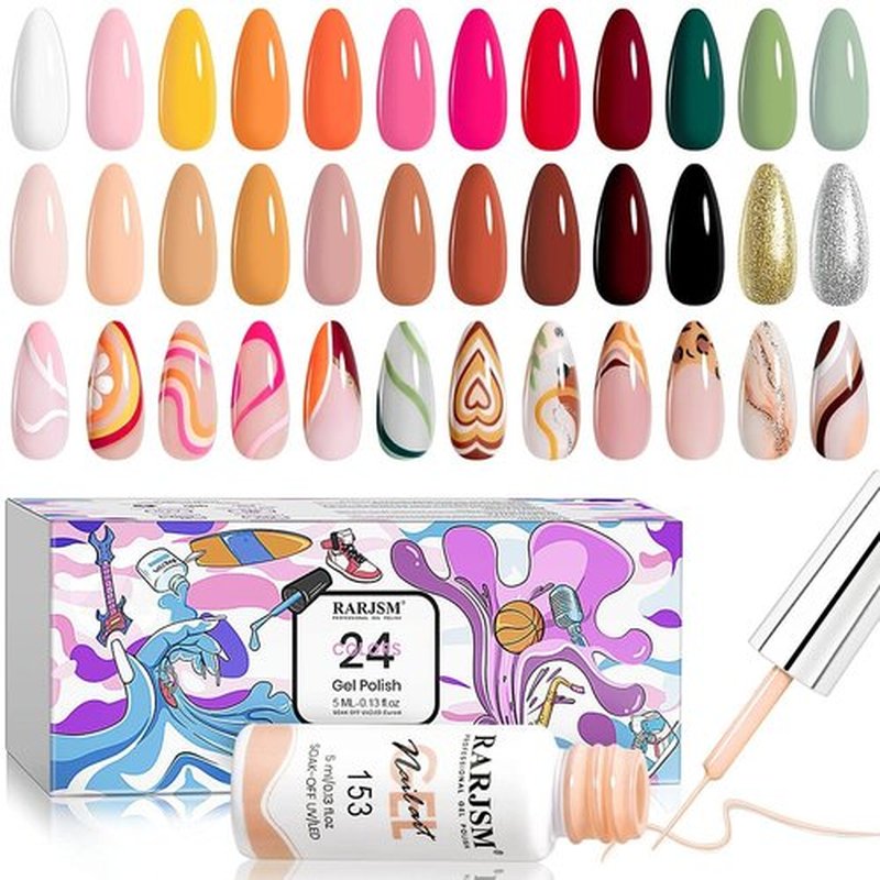 RARJSM Gel Liner Nail Art 24 Pieces 5ml Gel Art Liners for Nails Pink Red Green Yellow Silver Gold Glitter Summer Fall Nude Colors Painting Striping Gel Thin Nail Art Brush UV Soak off Curing Needed