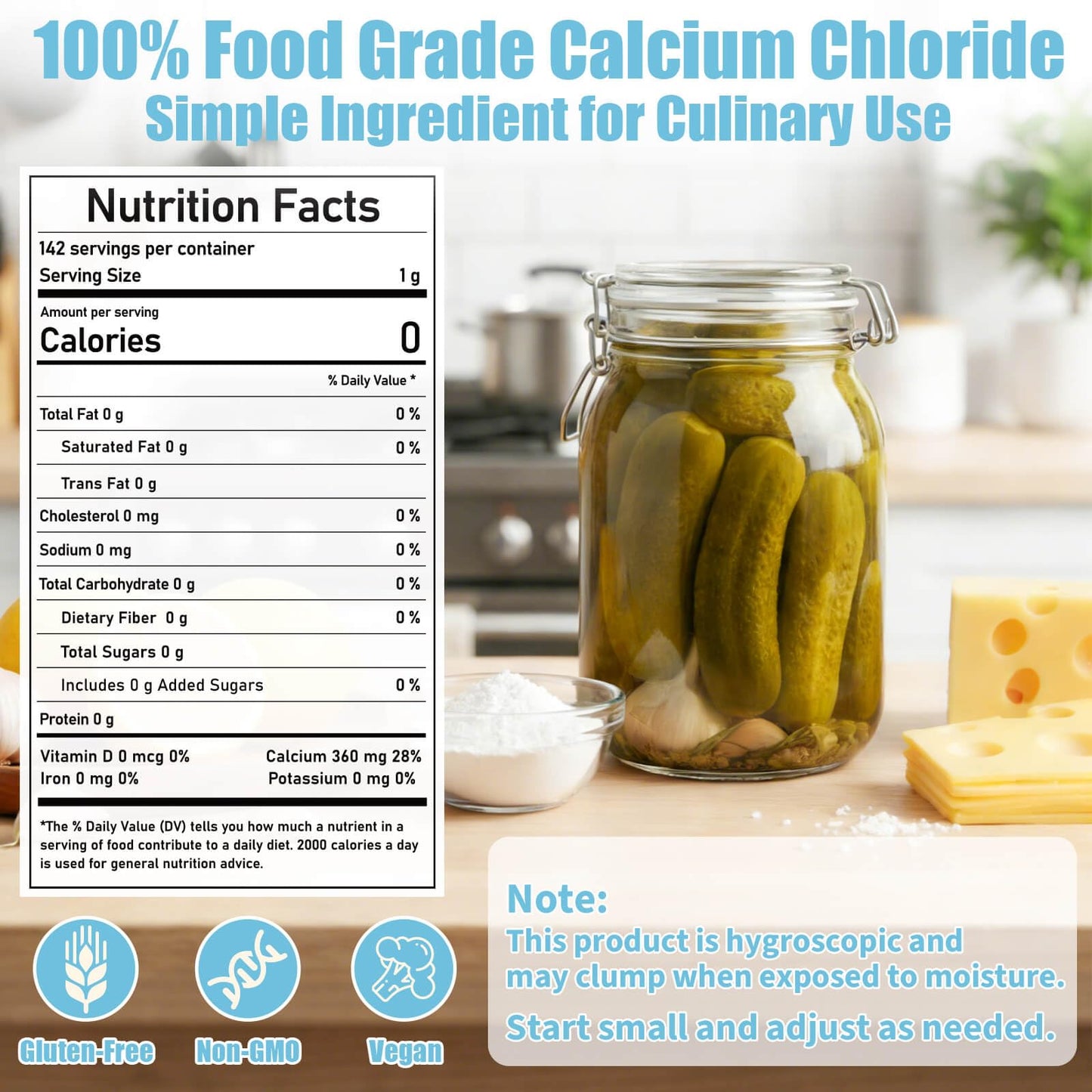 Calcium Chloride Food Grade 5 oz, Pure Calcium Chloride for Cheese Making, Pickling, Canning, Brewing & Modern Cooking, Vegan, Gluten-Free, Resealable Pouch, 2-Year Shelf Life