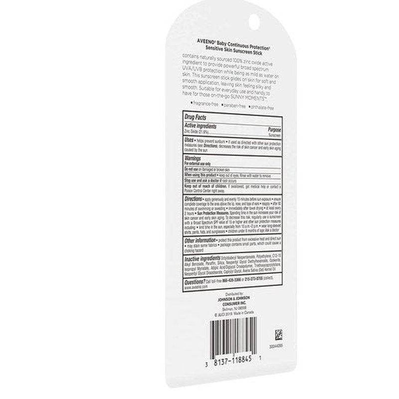 Aveeno Baby Continuous Protection Mineral Sunscreen Stick for Sensitive Skin with Broad Spectrum SPF 50 Protection for Face & Body, Naturally Sourced 100% Zinc Oxide, Travel Size, 0.47 oz (Pack of 2)