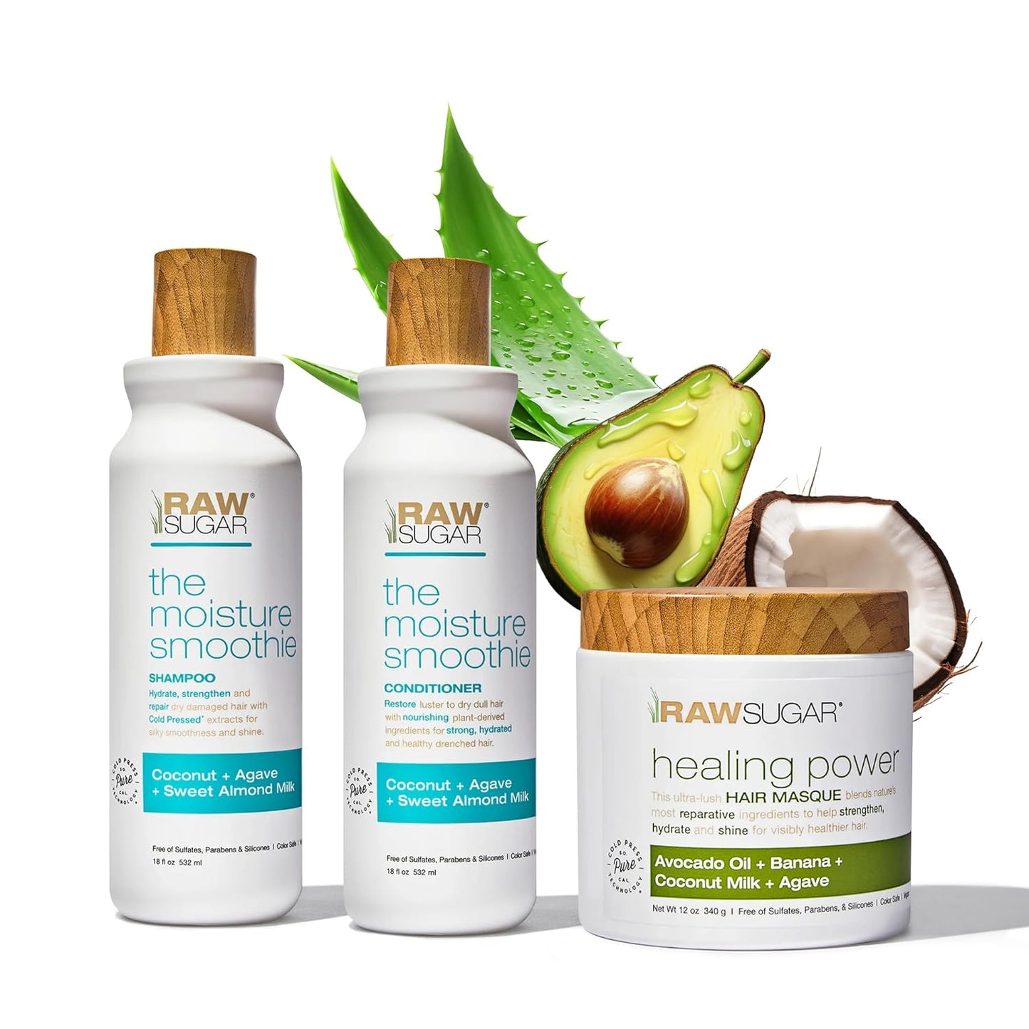 Raw Sugar Moisture Smoothie Shampoo and Conditioner Set, Moisturize & Nourish Dry Hair, Bulk Shampoo and Conditioner with Coconut Oil, Agave & Sweet Almond Oil, Formulated without Sulfates & Parabens