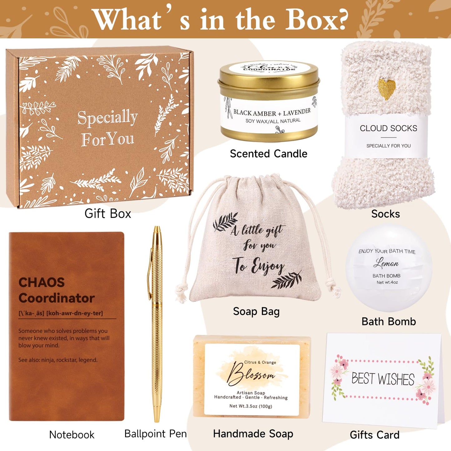 Thank You Gifts for Women, Chaos Coordinator Gift for Employee Coworkers Teacher Nurse Boss Lady Secretary Principal Manager Assistant Appreciation Gifts w/ Notebook, Spa Items, Brown