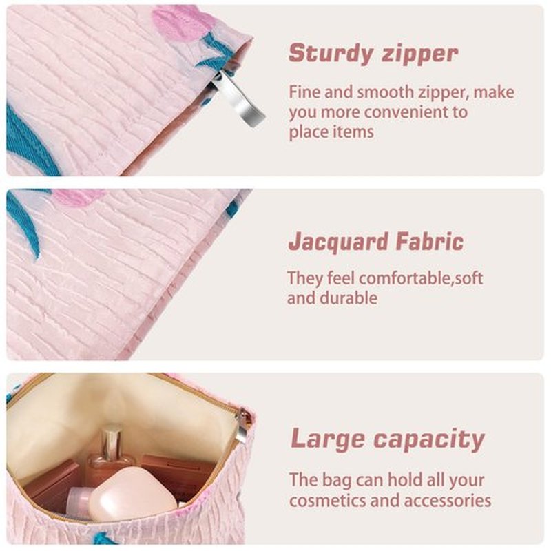 ZLFSRQ Tulip Makeup Bag Travel Cute Pink Flower Floral Cosmetic Bags for Women Large Embroidery Makeup Pouch Zipper Cosmetic Pouch for Purse Aesthetic Makeup Organizer Bag Portable Toiletry Bag